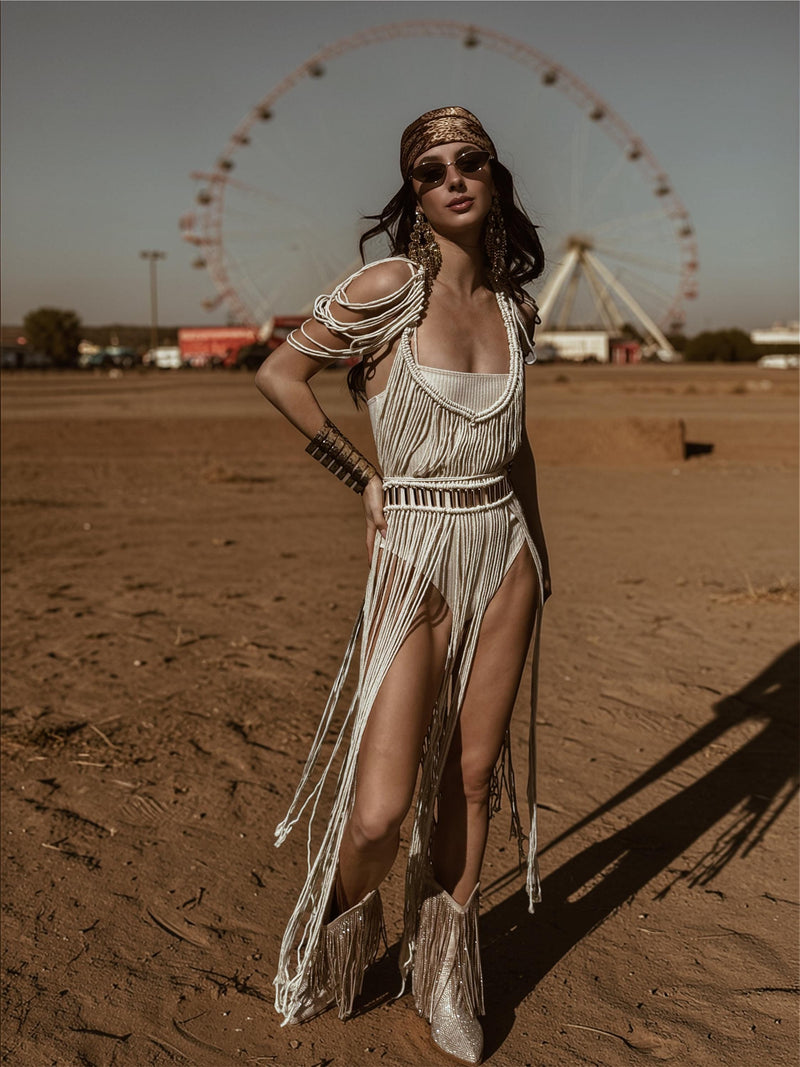 beaded festival dress Macrame Gold Beaded Goddess Top, Fringe Macrame Dress, Burning Man Cle –  Gypsy Tale