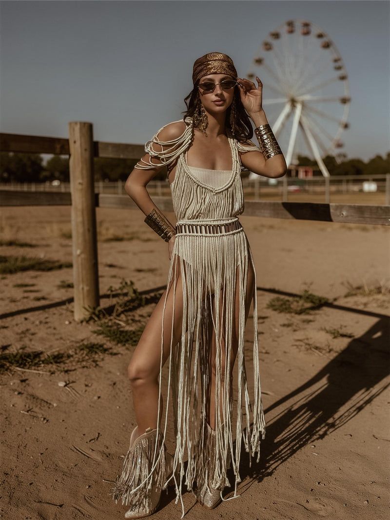 Macrame Gold Beaded Goddess Top, Fringe Macrame Dress, Burning Man Cle – Gypsy Tale