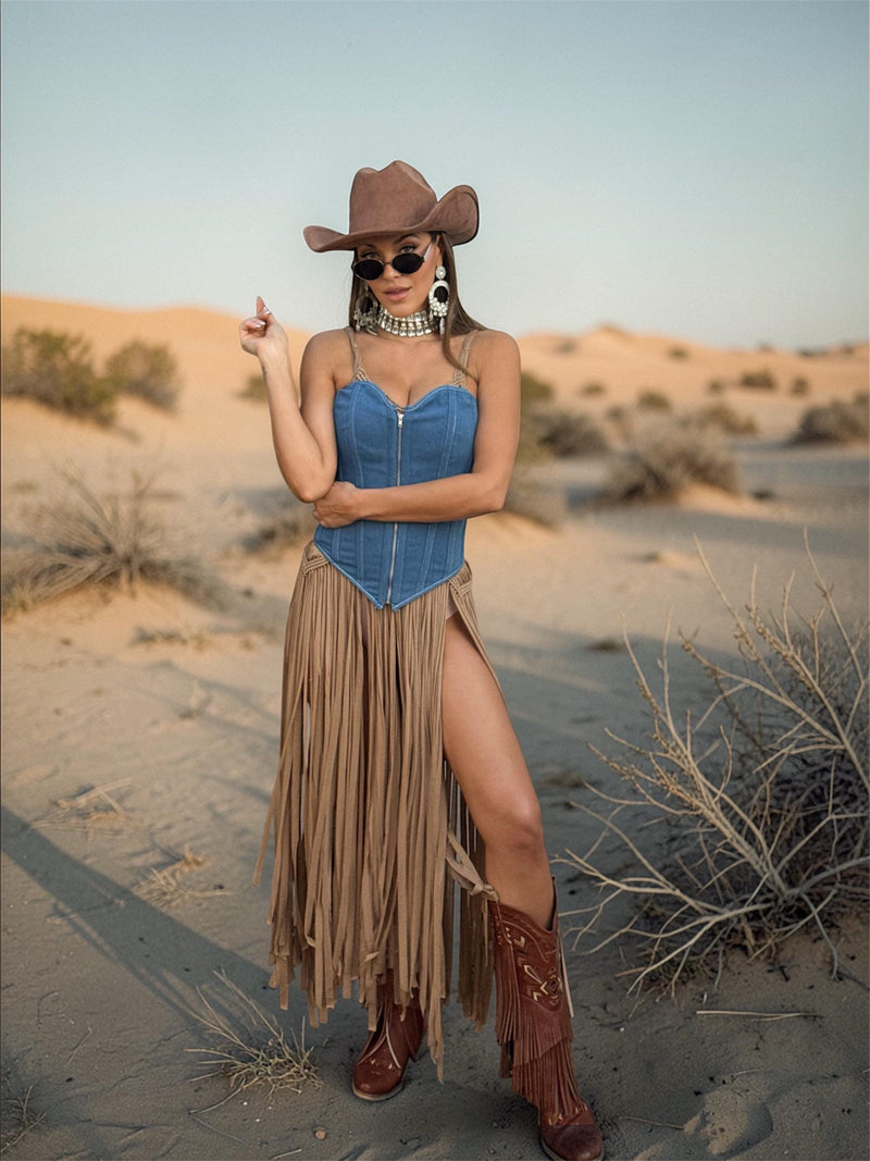 fringe dress festival Brown Macrame Like Dress, Cowgirl Fringe Dress, Wester – Gypsy Tale CS-DRESSES Coffee Brown Dress Pants simple hoop earrings are Size:FR48 - US16 - UK20