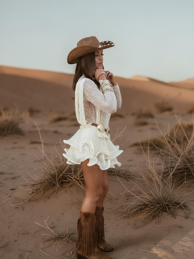 Boho Knit Bridal Dress, Festival Mini Dress, Lace Romantic Boho Dress,  Wedding Party Western Dress,Bachelorette Party Outfit Elopement Dress