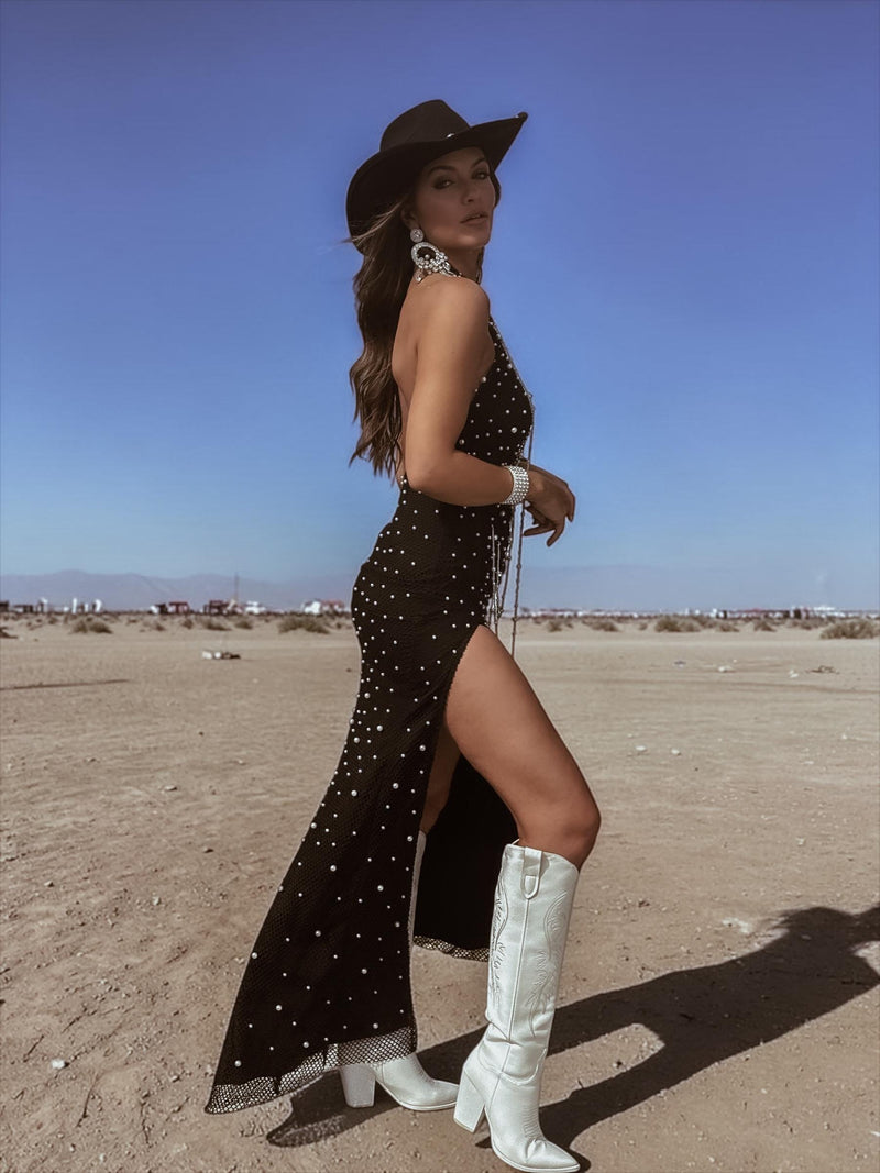 Black Pearl Fringed Festival Dress, Pearl Embellished Maxi Dress, West – Gypsy Tale