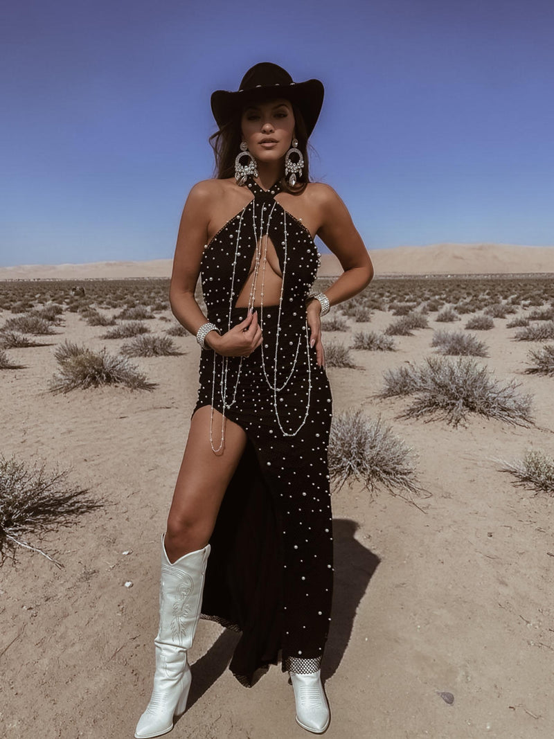 Black Pearl Fringed Festival Dress, Pearl Embellished Maxi Dress, West – Gypsy Tale