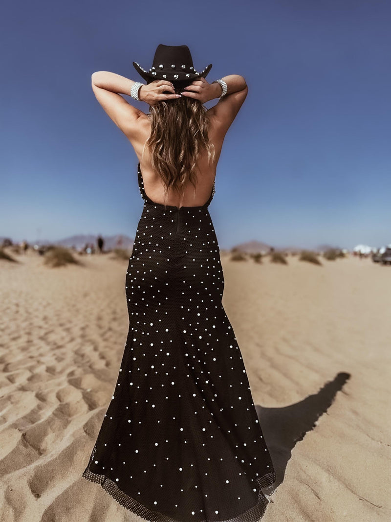 Black Pearl Fringed Festival Dress, Pearl Embellished Maxi Dress, West – Gypsy Tale