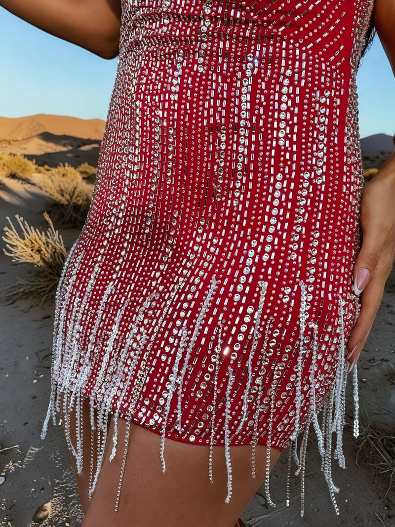 destiny rhinestone fringe mini dress Red Fringe Mini Dress, Disco Queen Dress, Dazzled Western Mini Dress, –  Gypsy Tale