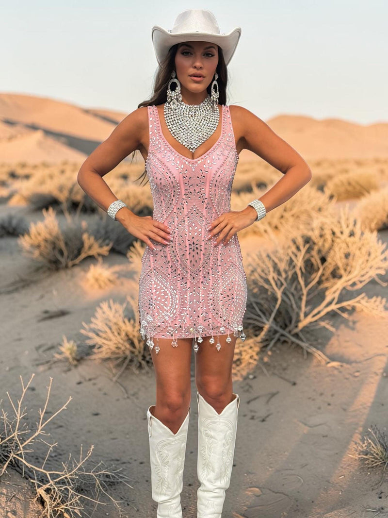 Pink Rhinestone Dress, Pink Crystal Mini Fringe Dress, Pink Fringe Cow – Gypsy Tale