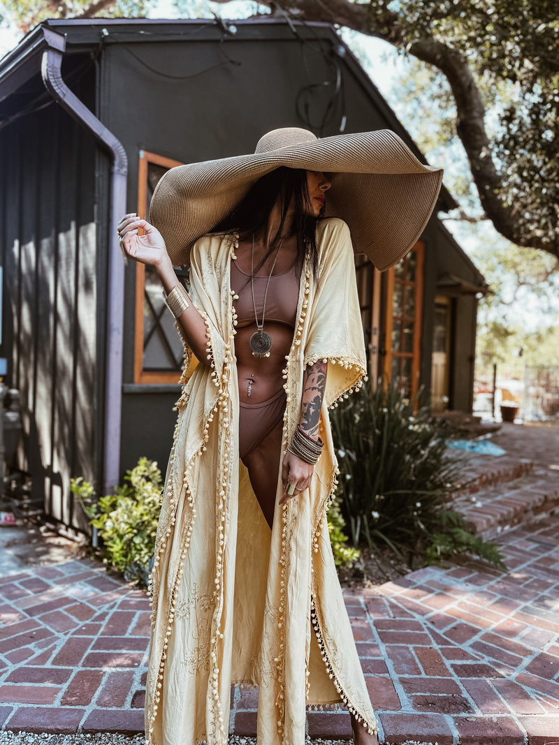Handmade Tassel Embroidery Boho Bohemian Maxi Gold Kimono