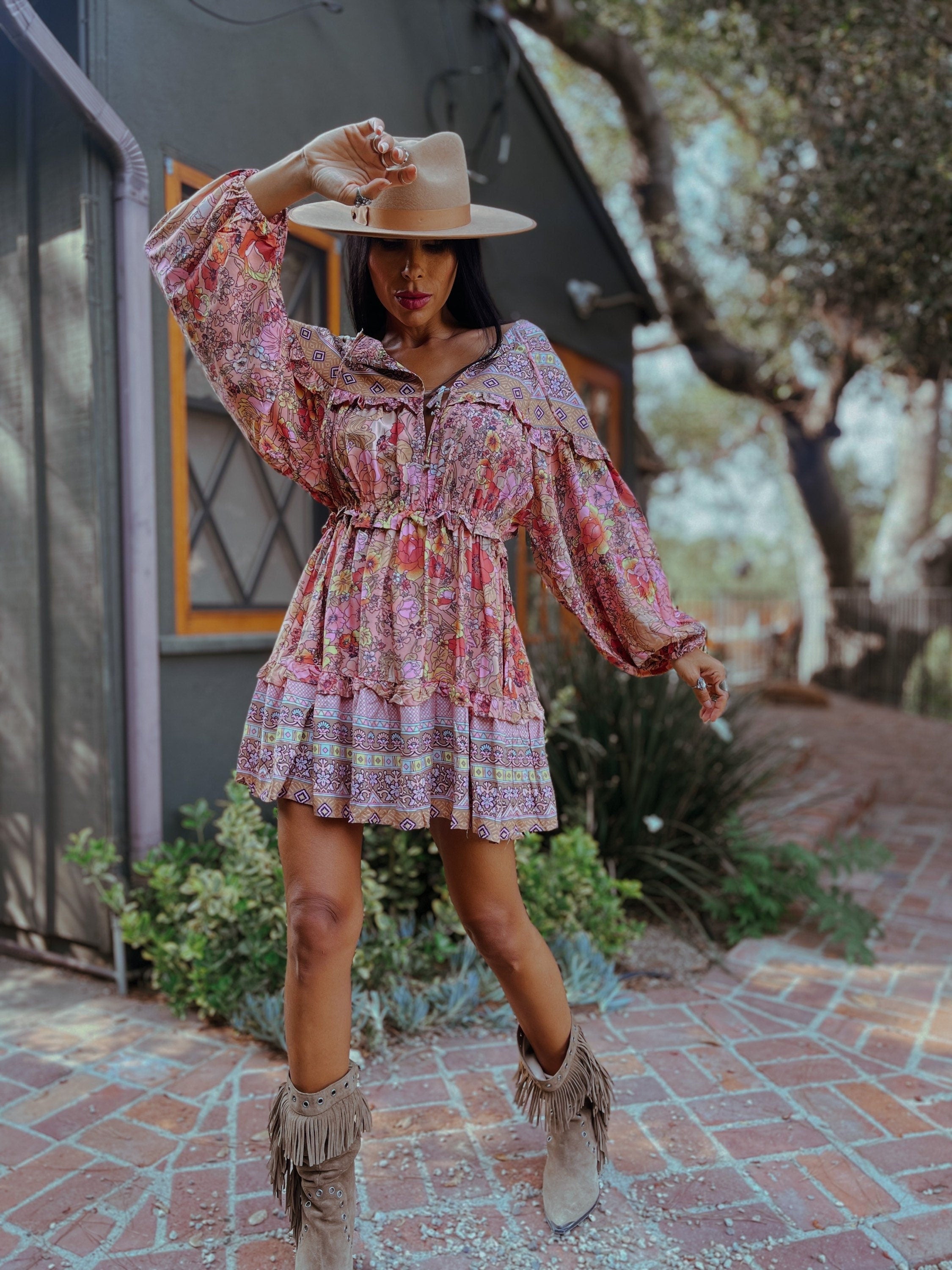 Bohemian Romantic Dress, Boho Mini Western Dress, Floral Bohemian Dres – Gypsy Tale