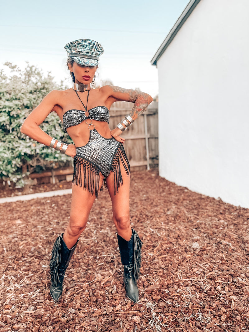 Festival Sequin Fringe Cut Out Bodysuit Bikini