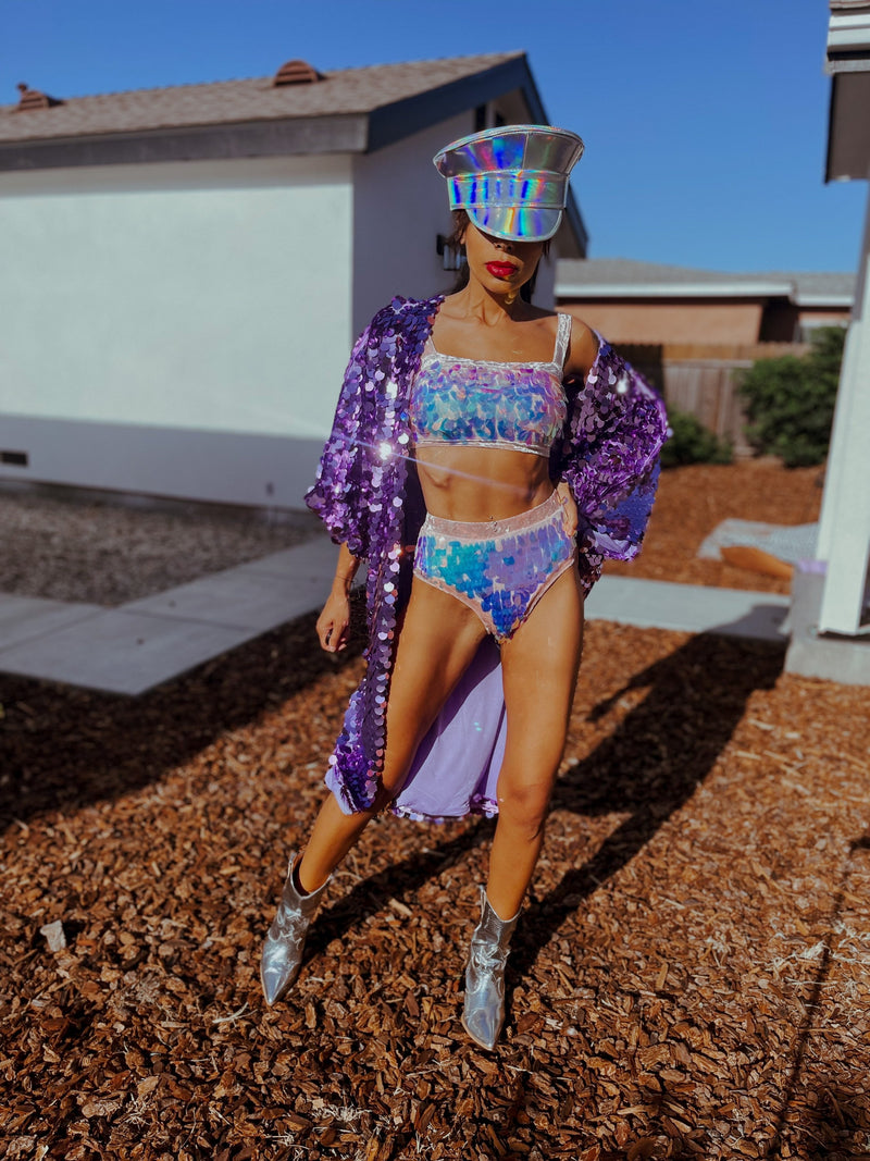 Festival Outfits - Metallic Purple Holographic Disco Leggings