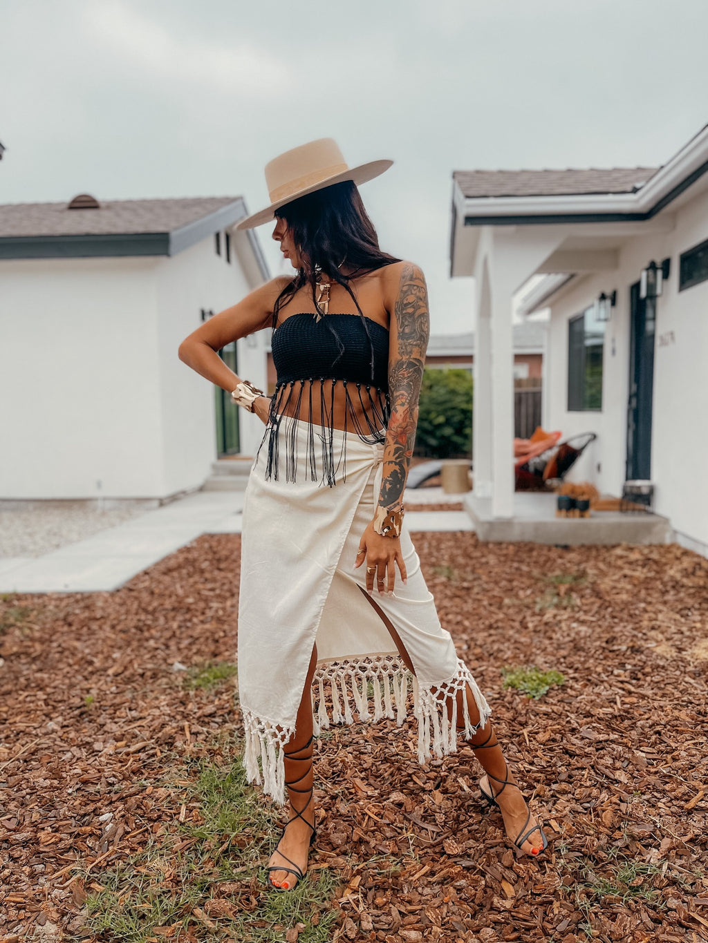 Bohemian Cotton Wrap Midi High Slit Skirt