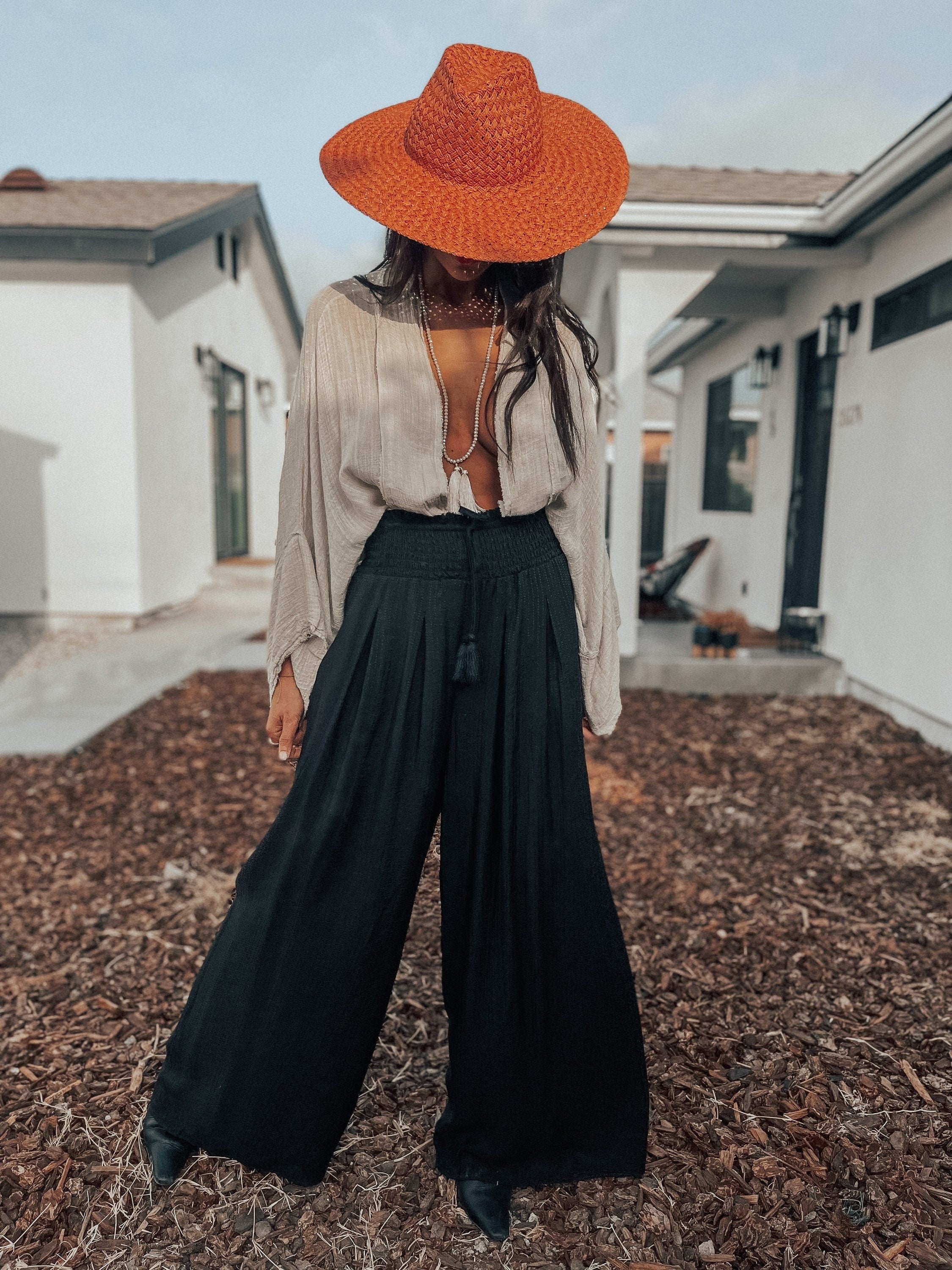 Women's Split High Waist Pant Belted Flowy Wide Leg Long Trousers Summer  Beach Palazzo Pants Black S at Amazon Women's Clothing store