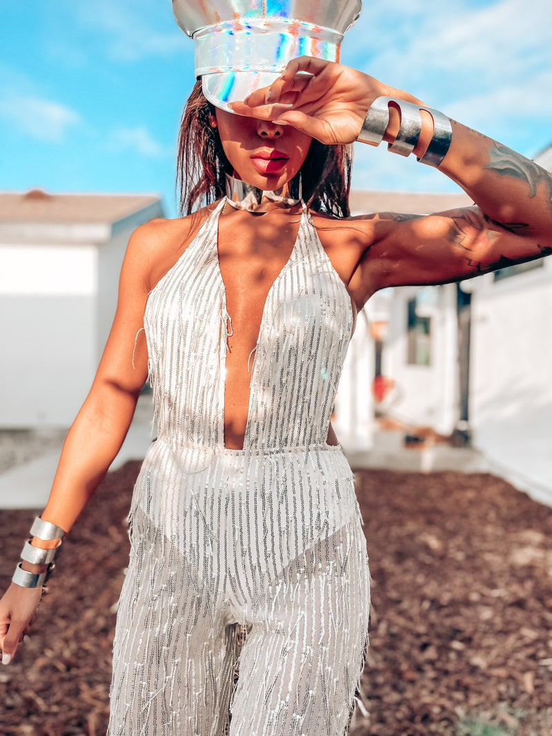 Festival Sequin Fringe Backless Flare Jumpsuit