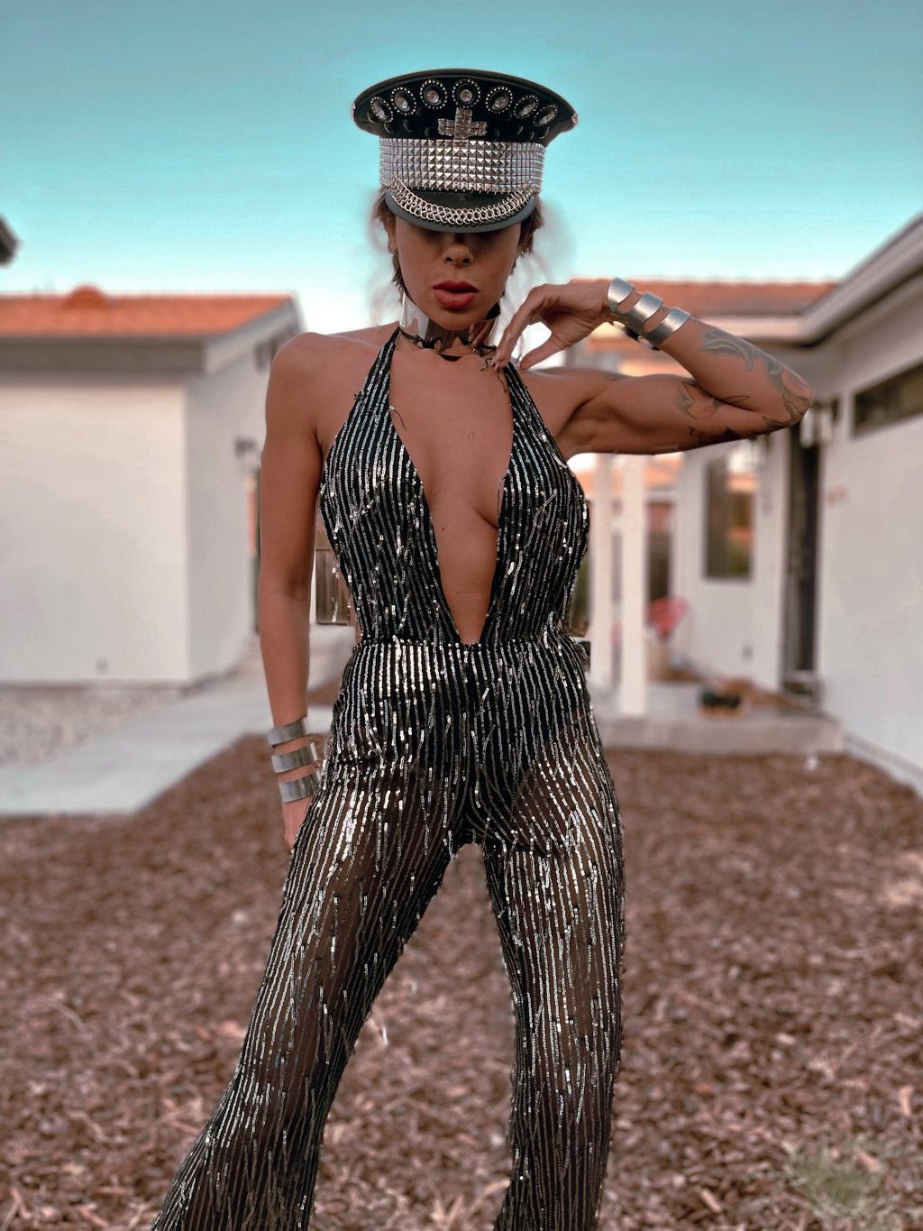 Festival Sequin Disco Flare Fringe Backless Jumpsuit