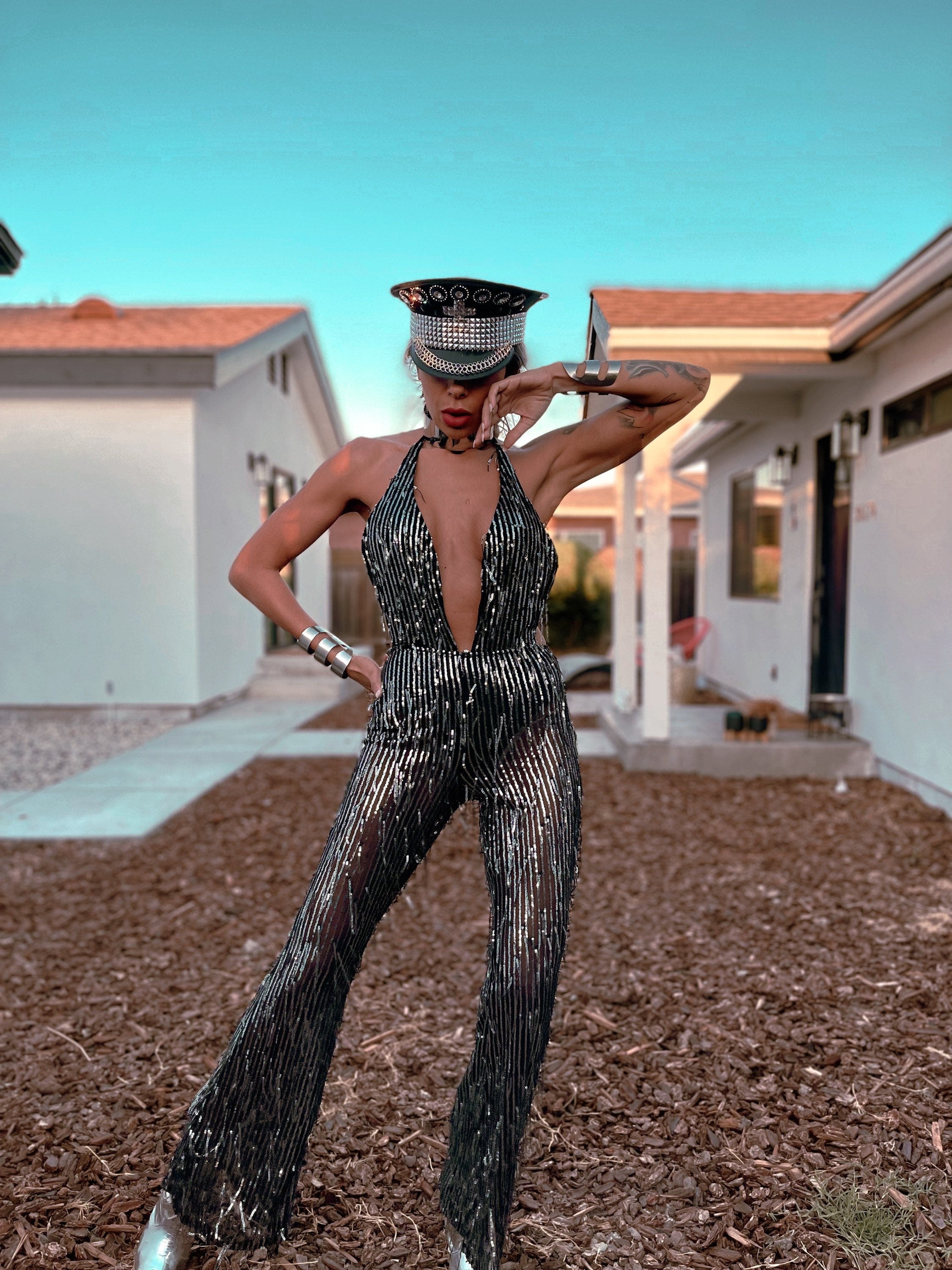 Festival Sequin Disco Flare Fringe Backless Jumpsuit Gypsy Tale