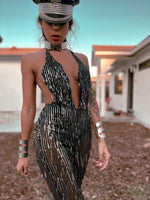 Festival Sequin Disco Flare Fringe Backless Jumpsuit