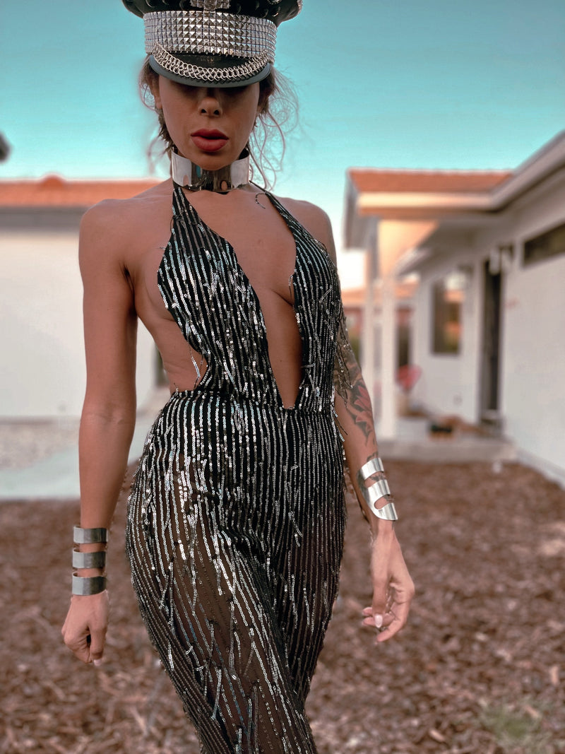 Festival Sequin Disco Flare Fringe Backless Jumpsuit