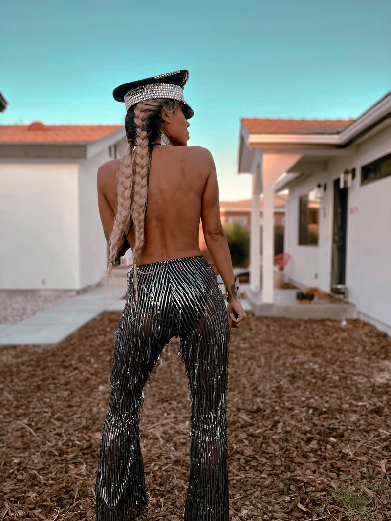 Festival Sequin Disco Flare Fringe Backless Jumpsuit