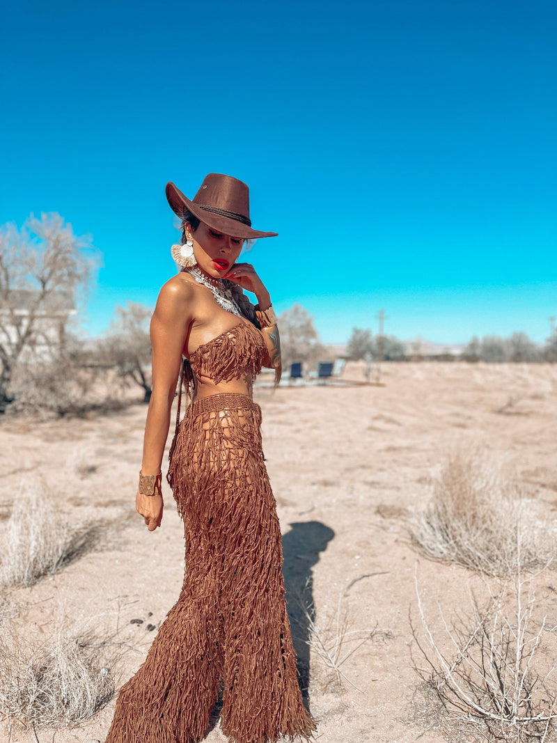 Brown Western Crochet Cowboy Knit Fringe Rave Set Gypsy Tale Brown Western Crochet Cowboy Knit Fringe Rave Set Gypsy Tale