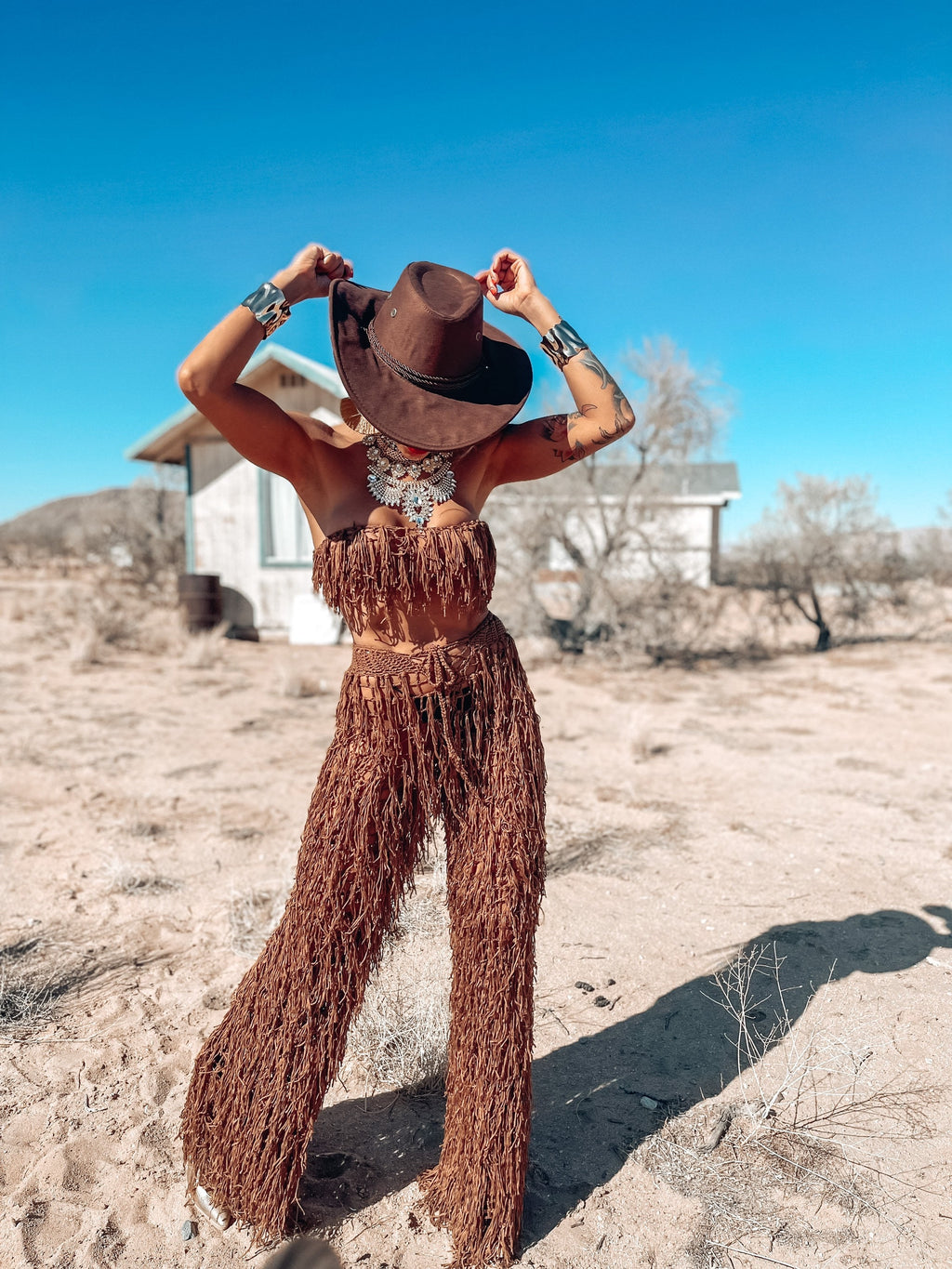 Brown Western Crochet Cowboy Knit Fringe Rave Set