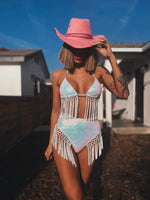 Sequin Fringe Iridescent Bachelorette Set Boho EDC Festival Outfit Rave Clothing Hippie Costume Bridal Bikini Metallic Fringe pants Stage
