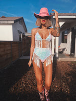 Sequin Fringe Iridescent Bachelorette Set Boho EDC Festival Outfit Rave Clothing Hippie Costume Bridal Bikini Metallic Fringe pants Stage