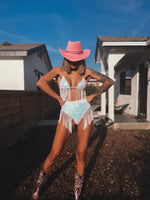 Sequin Fringe Iridescent Bachelorette Set Boho EDC Festival Outfit Rave Clothing Hippie Costume Bridal Bikini Metallic Fringe pants Stage