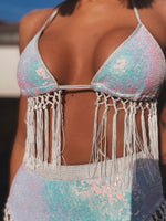 Sequin Fringe Iridescent Bachelorette Set Boho EDC Festival Outfit Rave Clothing Hippie Costume Bridal Bikini Metallic Fringe pants Stage