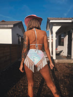 Sequin Fringe Iridescent Bachelorette Set Boho EDC Festival Outfit Rave Clothing Hippie Costume Bridal Bikini Metallic Fringe pants Stage