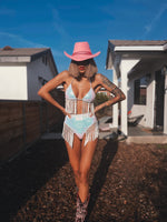 Sequin Fringe Iridescent Bachelorette Set Boho EDC Festival Outfit Rave Clothing Hippie Costume Bridal Bikini Metallic Fringe pants Stage