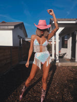 Sequin Fringe Iridescent Bachelorette Set Boho EDC Festival Outfit Rave Clothing Hippie Costume Bridal Bikini Metallic Fringe pants Stage