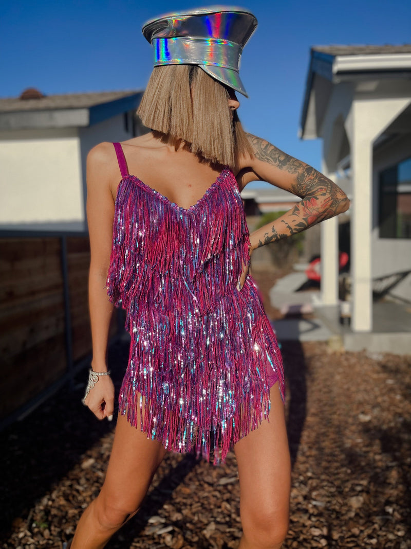 Sequin Fringe Purple Rainbow Mini Dress