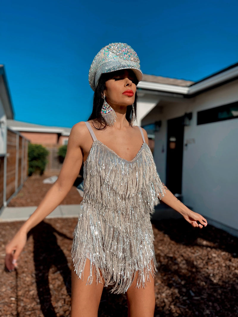 silver sequin fringe dress Htigea Sequin Fringe Dress for Women Sleeveless V-Neck Halter Dresses Backless All-Over Tassels Mini Dress Party Clubwear Silver XS