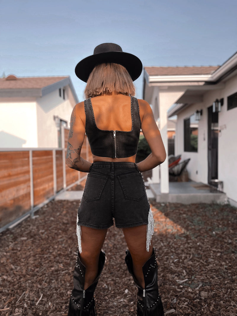 Western Denim Black Cowgirl Star Fringe Rave Set Star Top and Shorts S – Gypsy