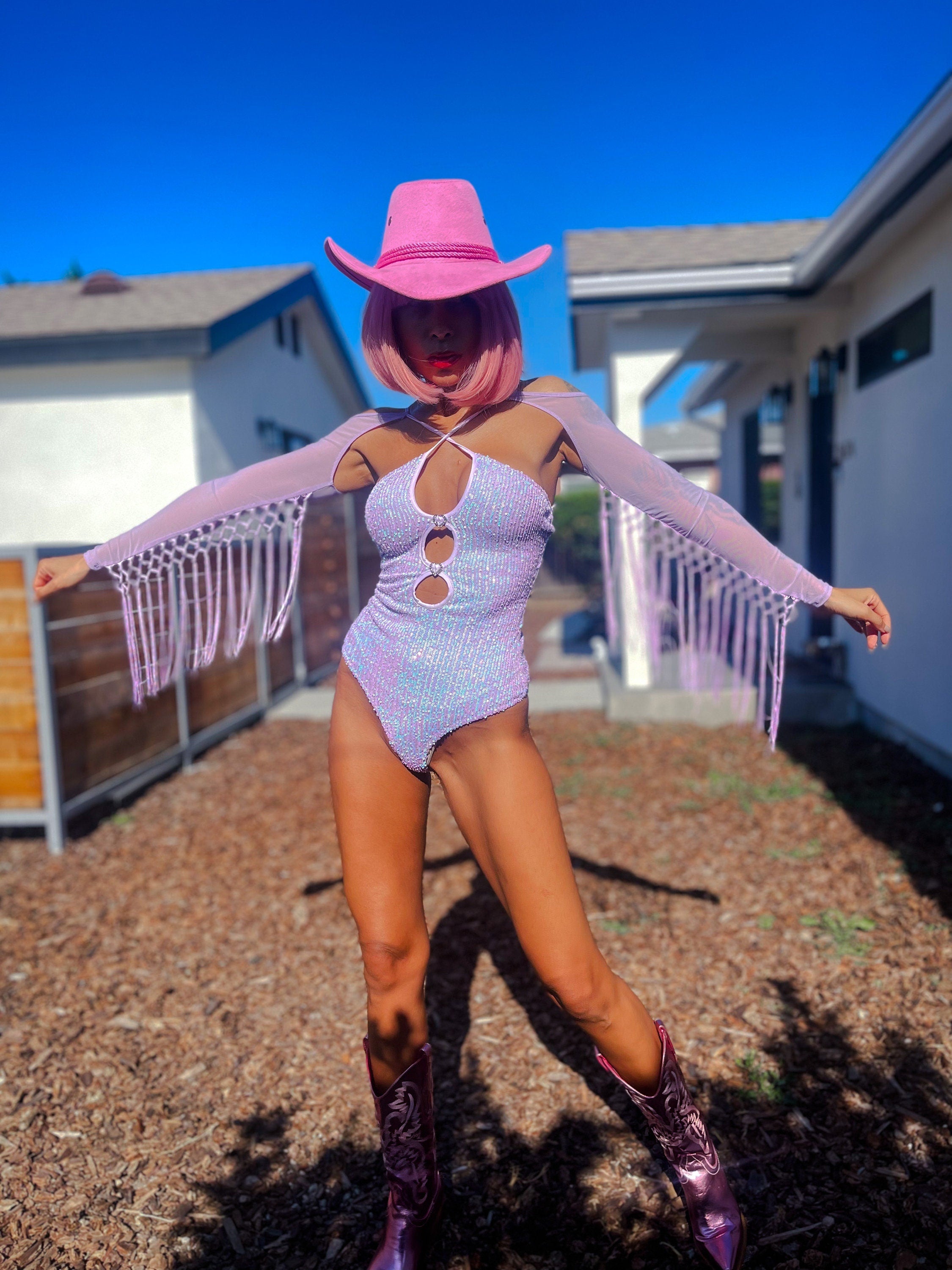 Spirit Halloween Adult Space Cowgirl Costume | Space Cowgirl Outfit |  Holographic Fringe Romper with Pink Chaps