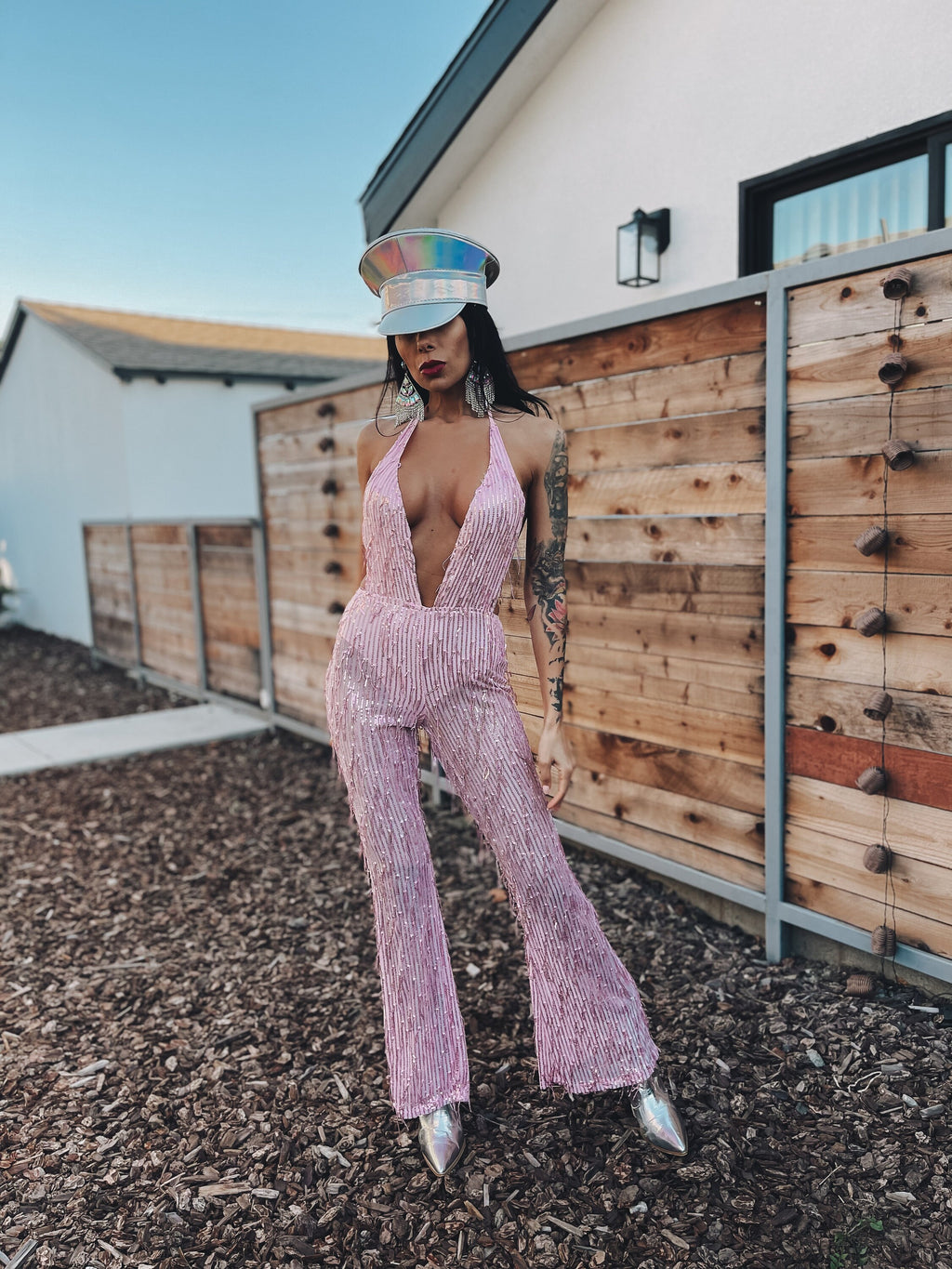 Pink Sequin Fringe Backless Jumpsuit Pink Flare Pants Tassel Jumpsuit Disco Metallic Jumpsuit Western Cowgirl Outfit Space Cowboy Costume